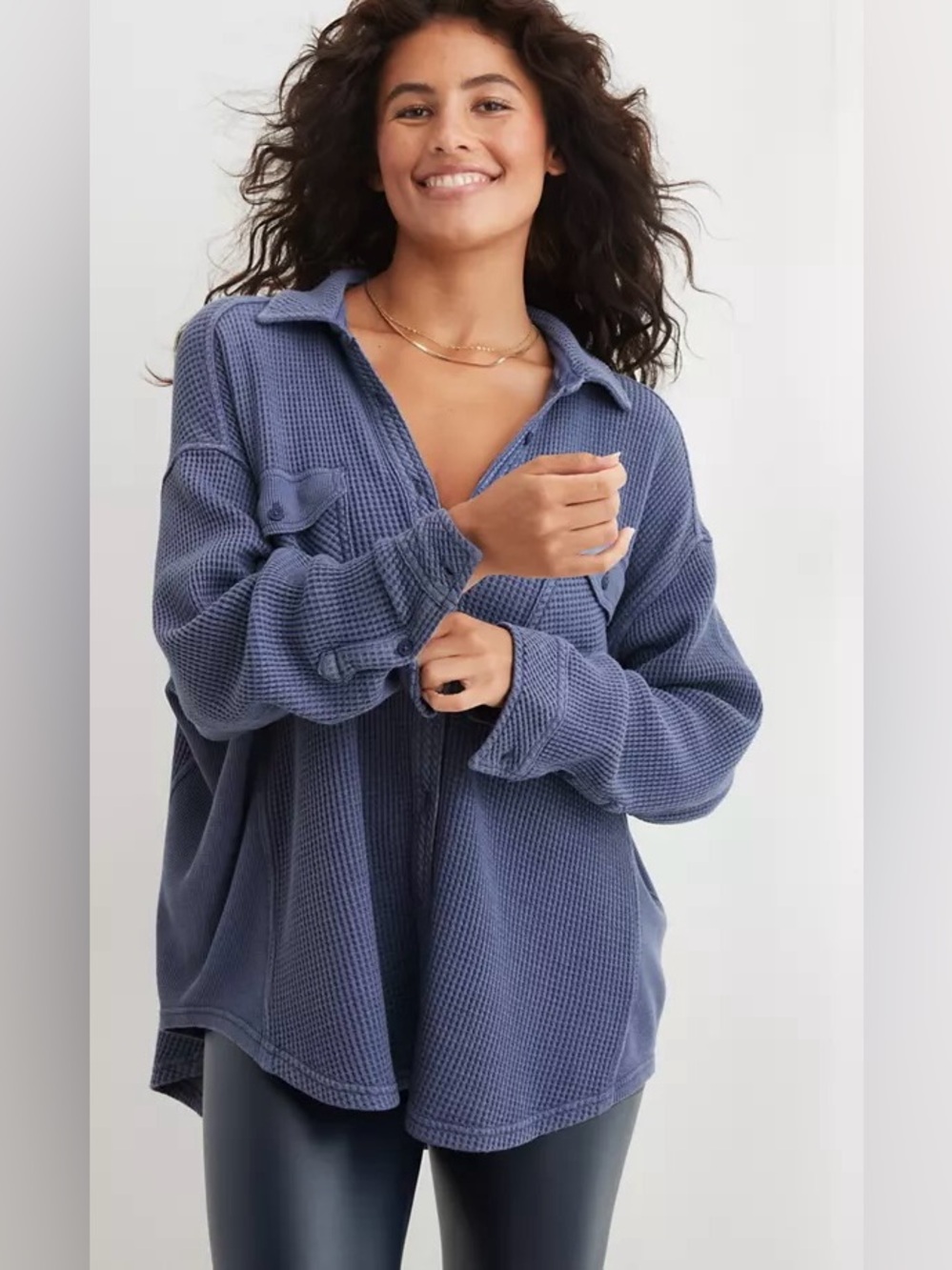 C&C California Lumber Jane Waffle-Knit Button-Front Shirt Dusty Blue Longsleeve
